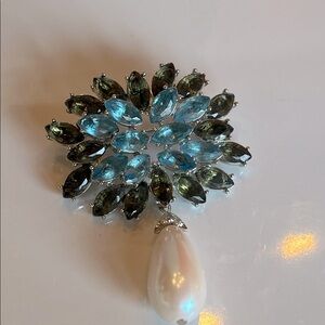 Elegant Silver, Blue & Green Crystal Brooch with Pearl Drop